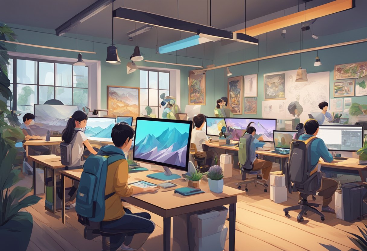 A bustling animation studio in China, with students working on digital art and animation projects, surrounded by vibrant posters and creative tools