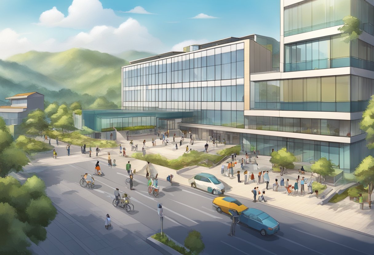 An animation studio in China with international schools nearby, bustling with research and development activity in Chinese animation