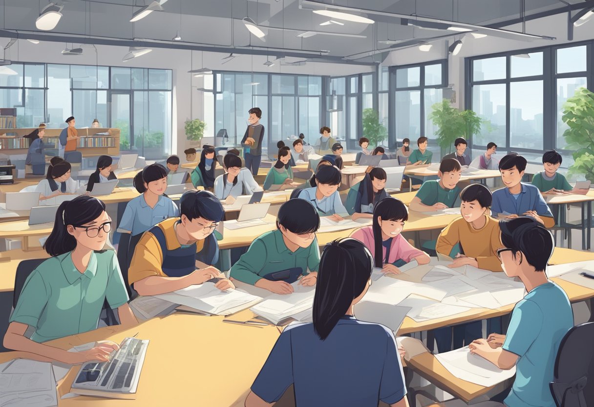 A bustling animation studio in China, surrounded by international schools, with graduates discussing career prospects