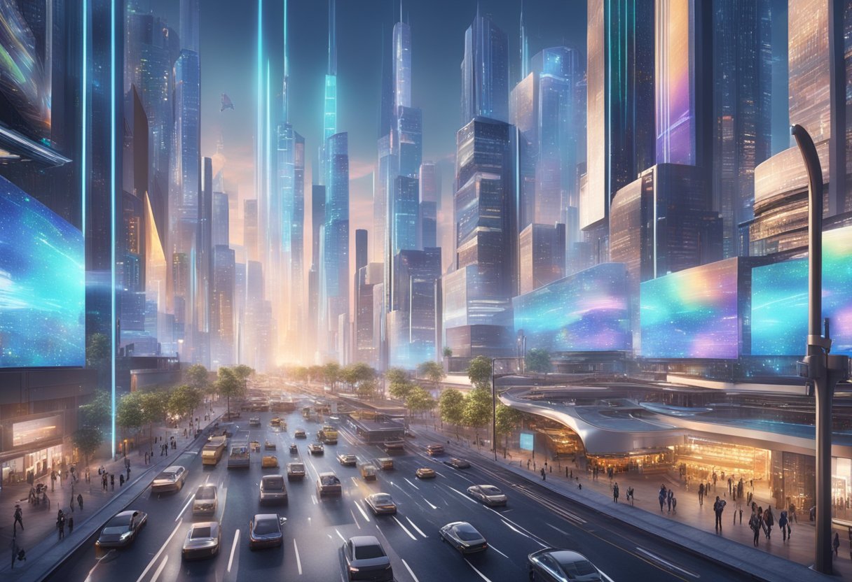 A bustling futuristic cityscape with holographic projections and animated billboards, showcasing the widespread integration of 3D animation in everyday life by 2025
