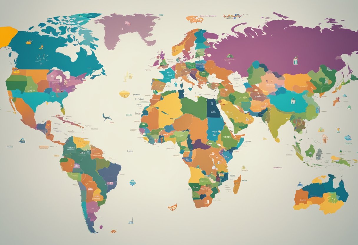 A colorful world map with animated icons representing different regions, surrounded by graphs and charts showing statistics on animation adoption in 2025