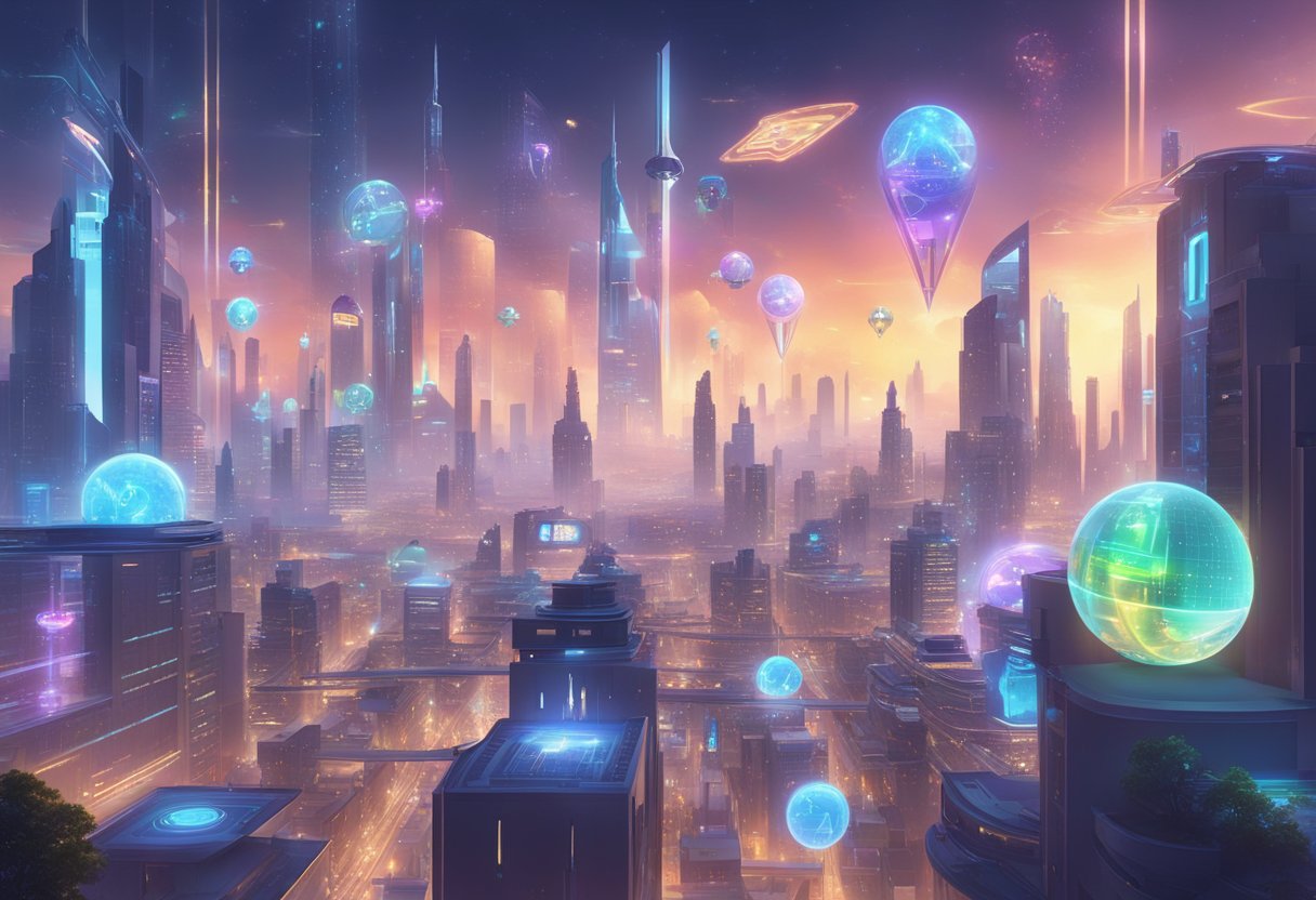 A futuristic cityscape with holographic projections of video game characters and statistics floating in the air