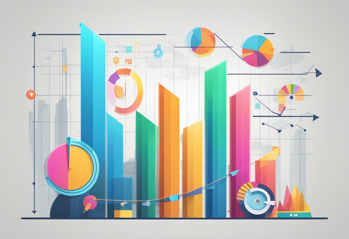 A colorful bar chart with upward trend lines and animated icons representing various industries