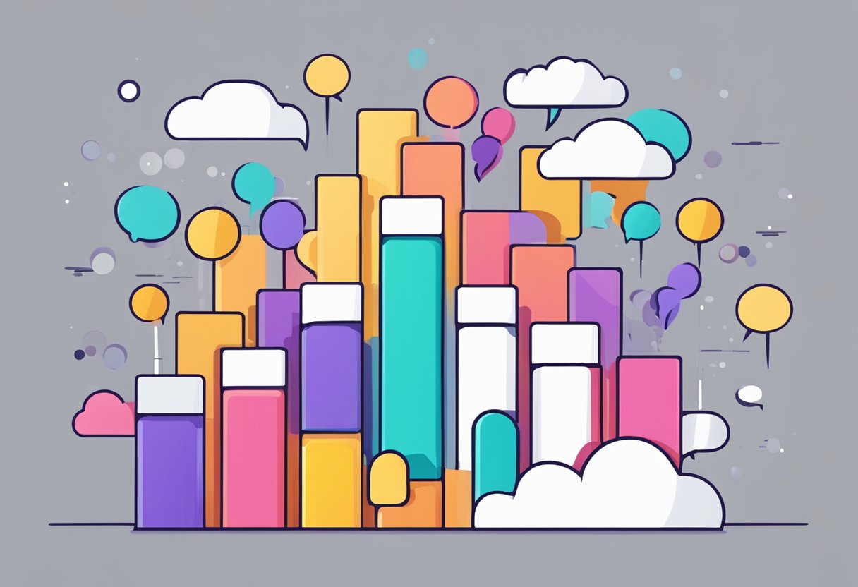 A colorful bar graph with upward trend, surrounded by floating question marks and speech bubbles