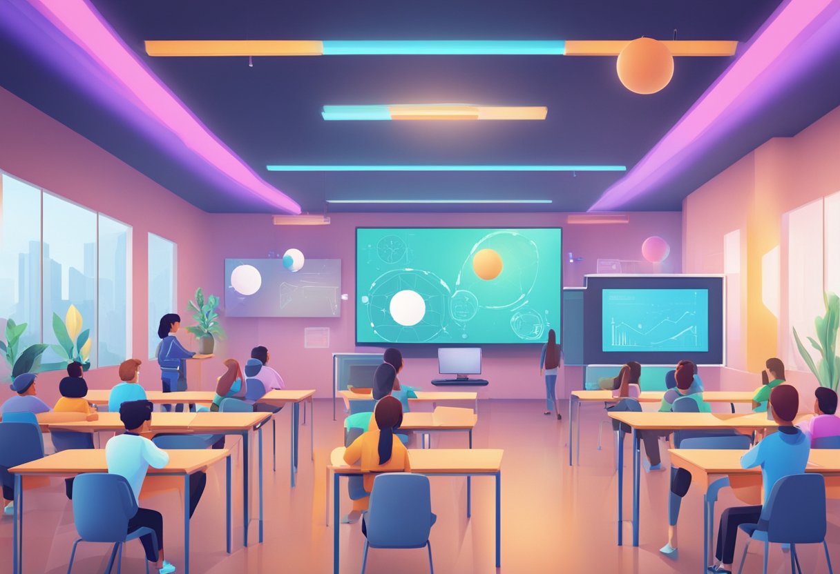 A futuristic classroom with AI-generated video animations teaching and interacting with students