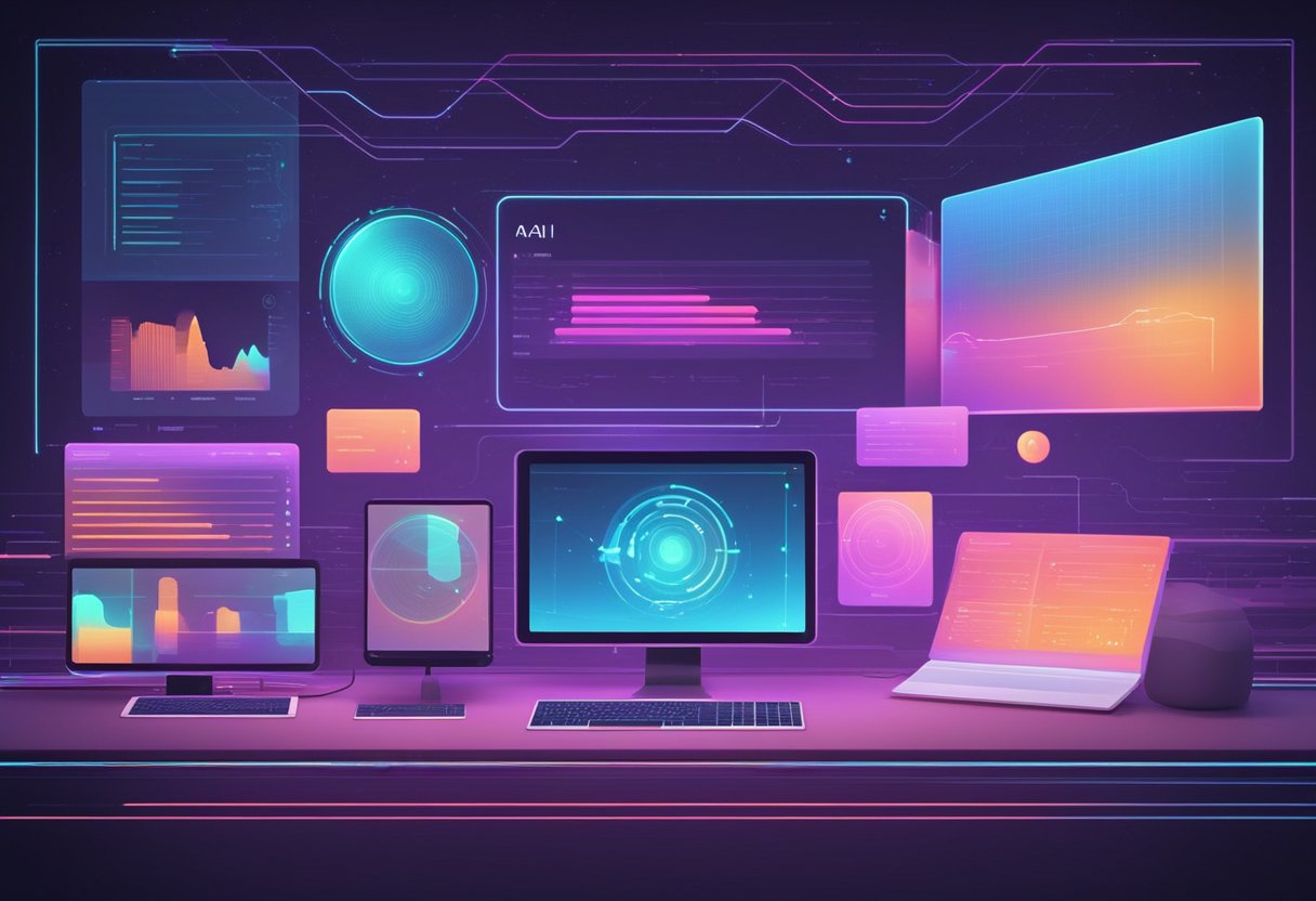 A sleek, futuristic computer interface displays AI generative video animations, with data flowing and transforming in real time