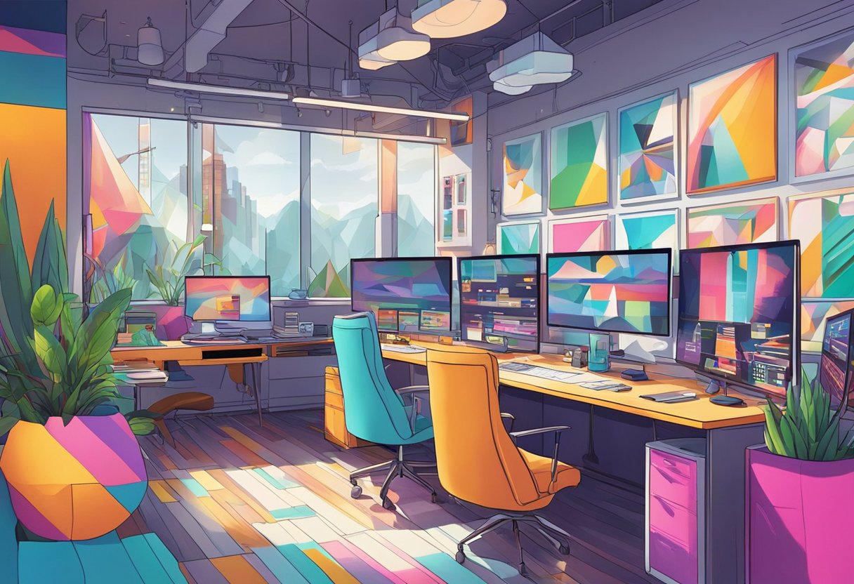 A vibrant studio with multiple workstations, each displaying intricate and visually stunning animations. Brightly colored concept art lines the walls, showcasing the studio's creativity and attention to detail