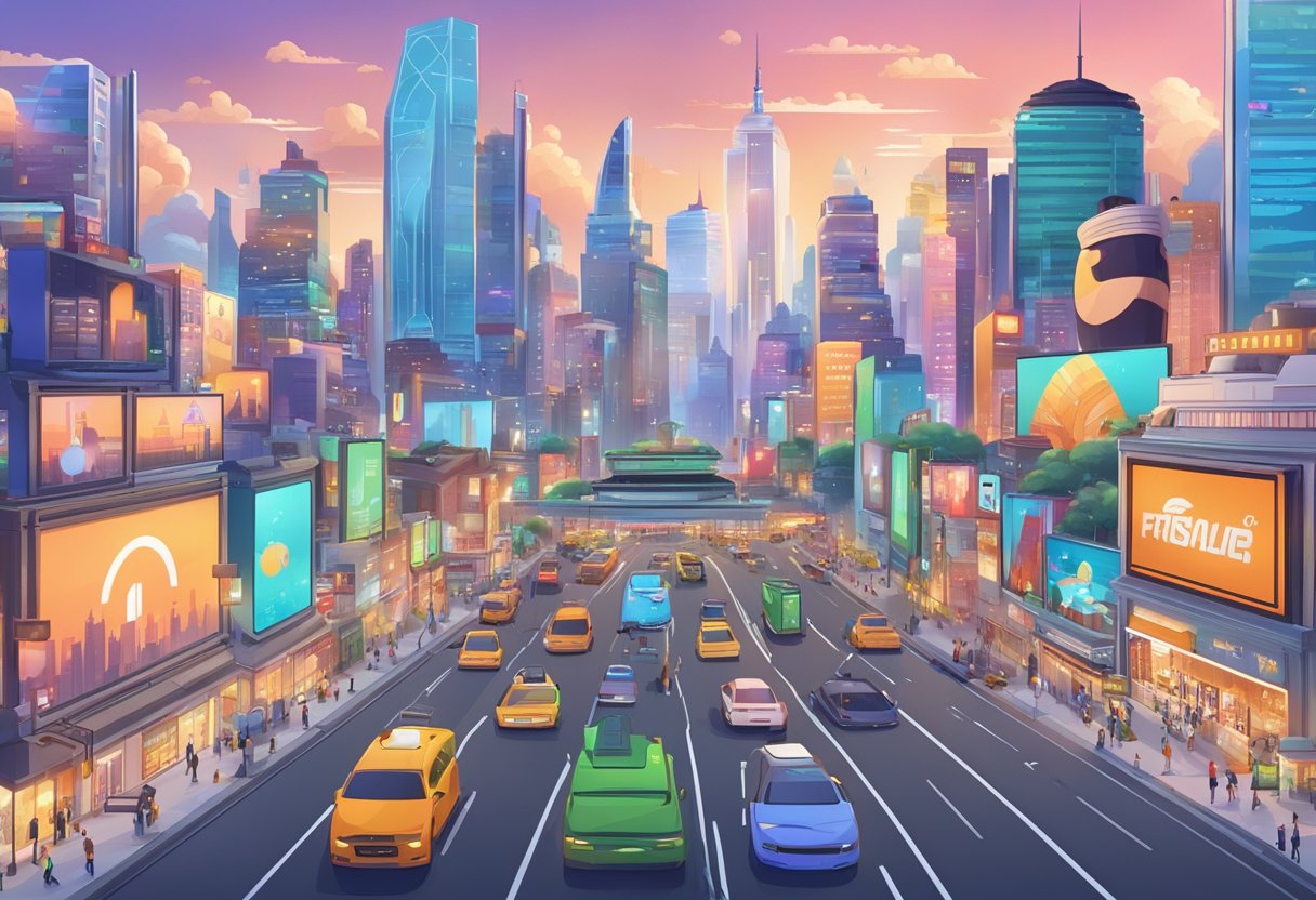 A bustling city skyline with iconic buildings and billboards showcasing various animated characters, representing the rise of streaming services in animation