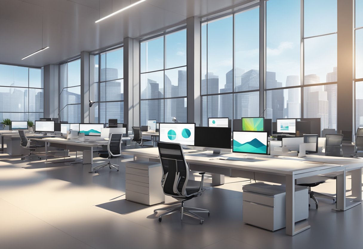 A sleek, modern office setting with multiple screens displaying various corporate animations. Quality differences are evident in the details and fluidity of the animations
