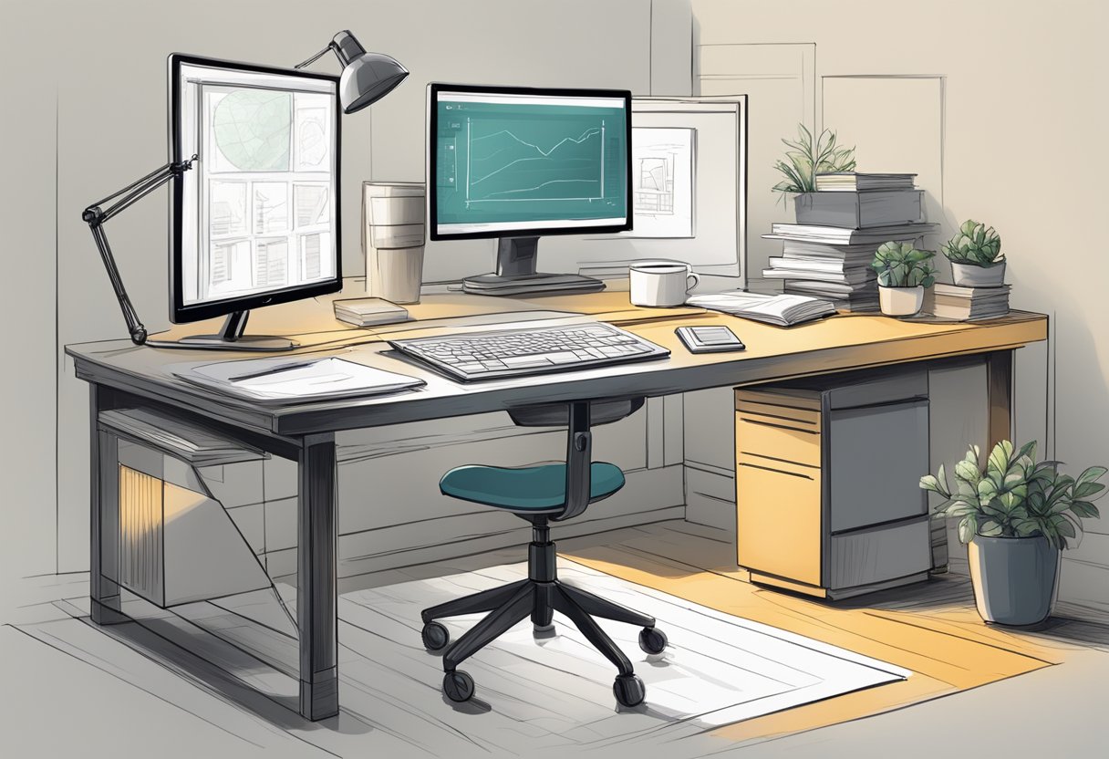 A desk with a computer, storyboard sketches, and educational materials