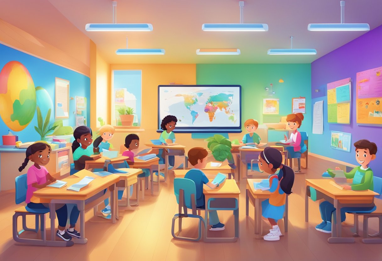 A colorful and vibrant classroom setting with animated characters interacting with educational materials and technology