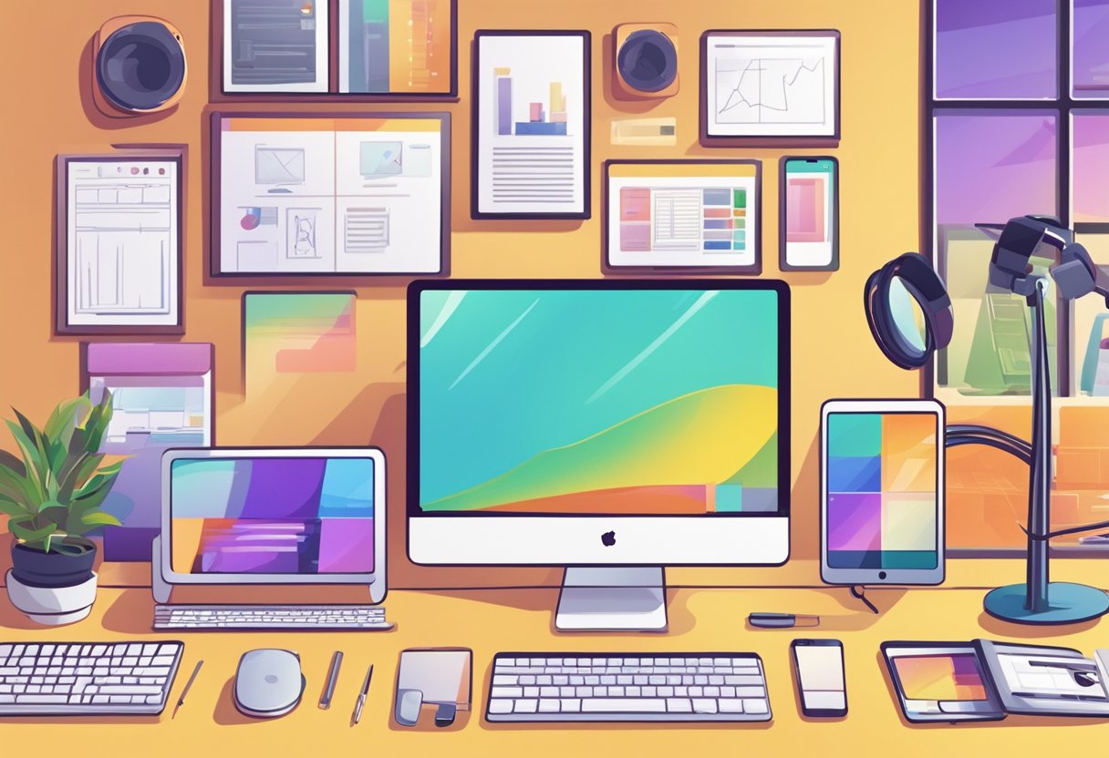 A colorful animation studio with various devices and platforms, including a computer, tablet, and smartphone, displaying educational content