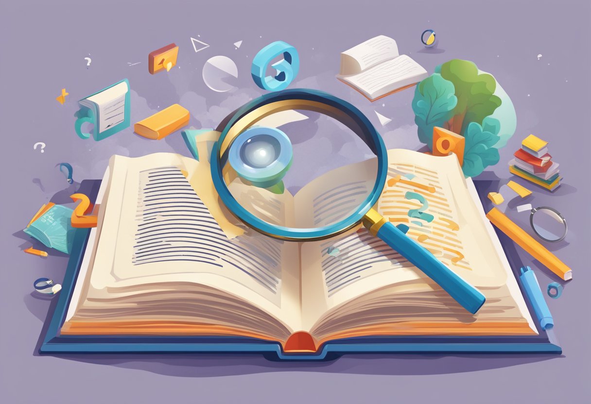 An open book with a magnifying glass hovering over it, surrounded by question marks and educational symbols
