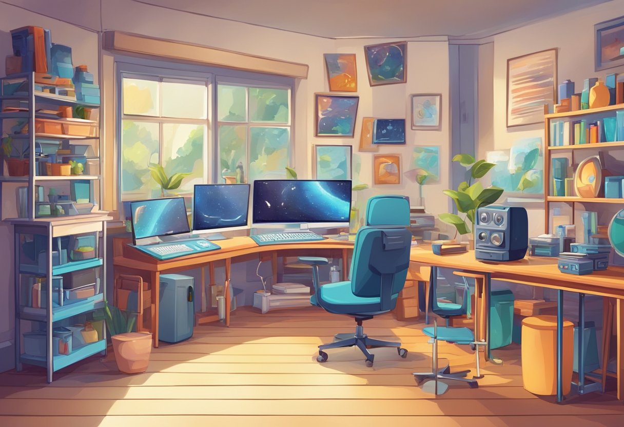 A colorful animation studio with scientific equipment and educational materials