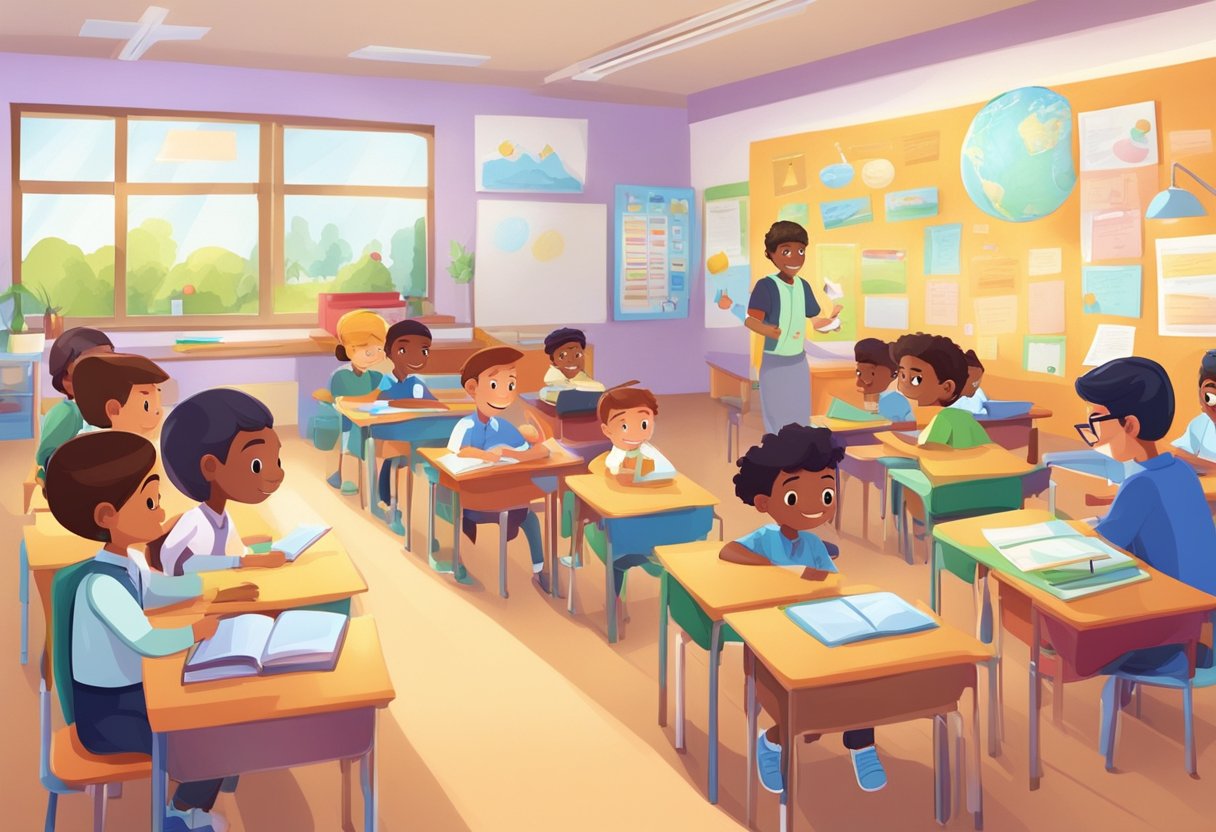 A colorful classroom with animated English language characters teaching and engaging students in research activities