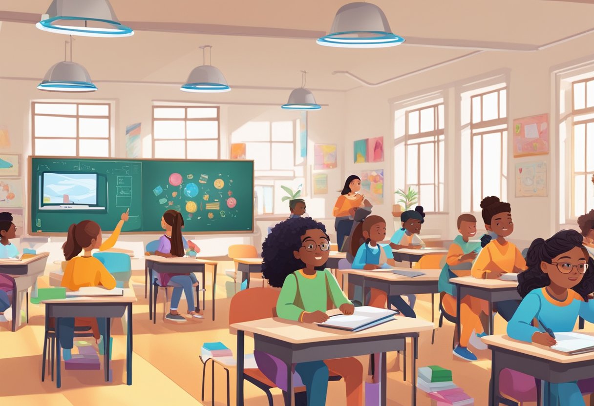 A classroom setting with diverse students engaged in hands-on activities, surrounded by colorful art supplies and animated characters on digital screens