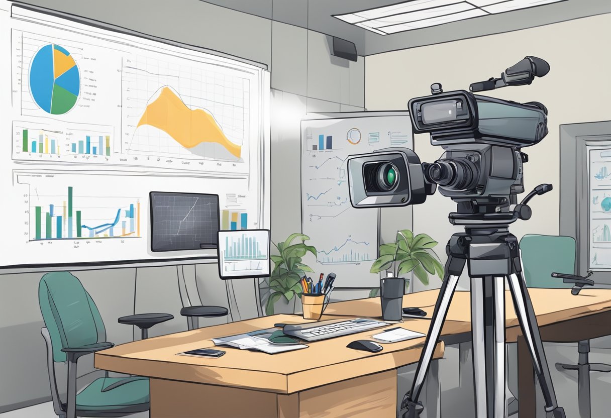 A professional setting with a video camera, lighting equipment, and a whiteboard with diagrams and charts