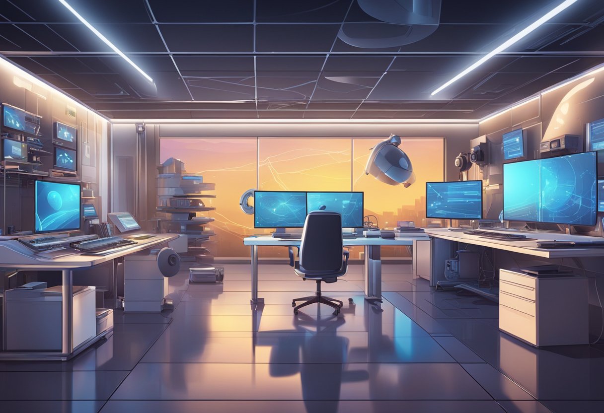 A futuristic animation studio with advanced technology and educational research materials