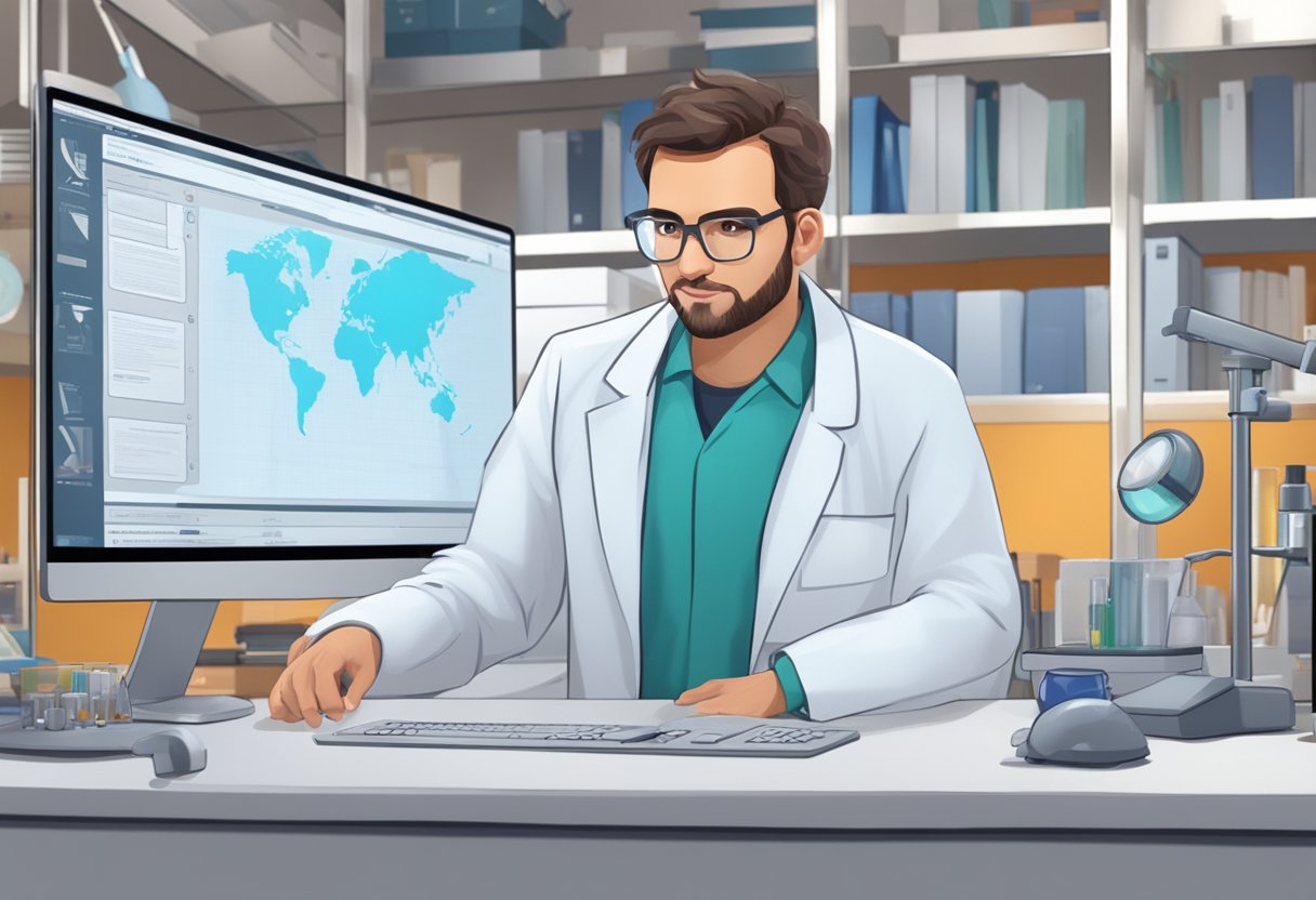 A scientist in a lab coat conducts research with animated educational materials on a computer screen