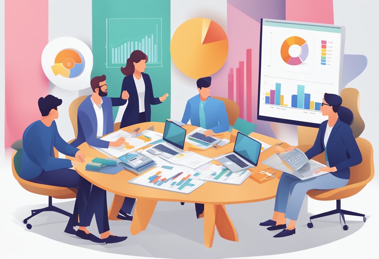 A group of professionals brainstorming and planning a corporate educational video, surrounded by charts, graphs, and creative materials