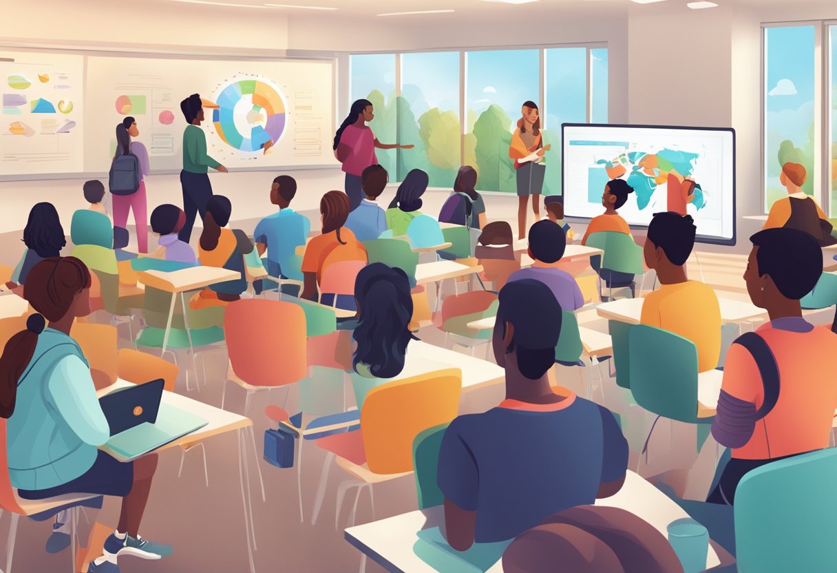A diverse group of students engage with interactive digital learning tools in a modern classroom setting