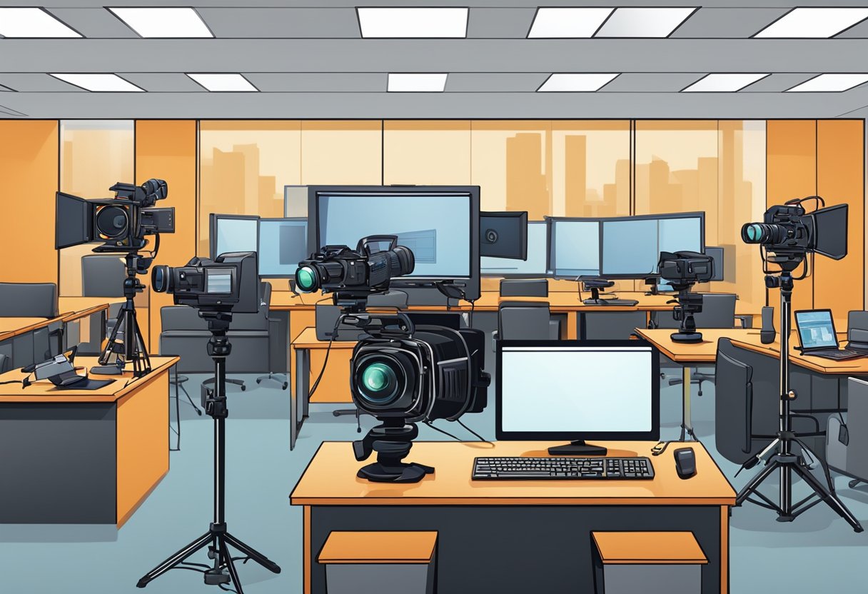 A film crew sets up lighting and cameras in a corporate office. Cables and equipment are neatly organized as they prepare for an educational video shoot