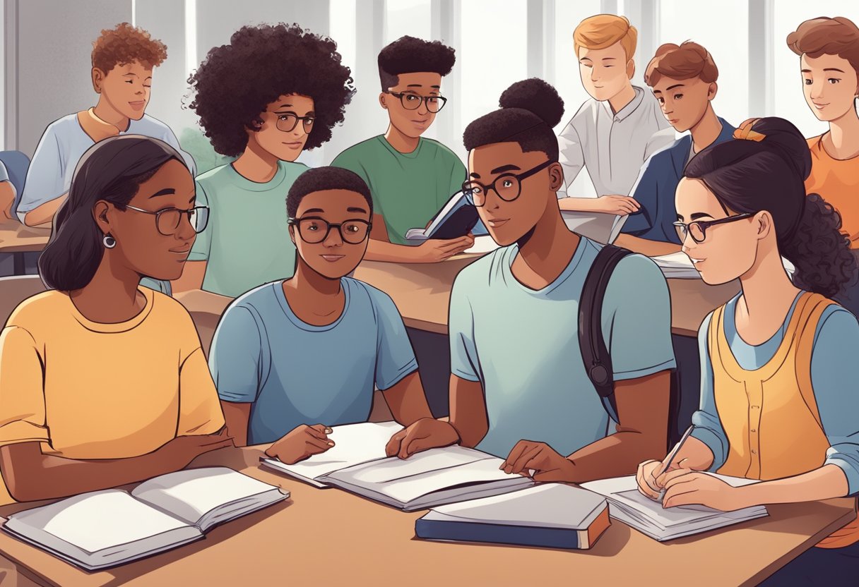 A diverse group of students engaging with animated educational content, encountering various challenges and limitations