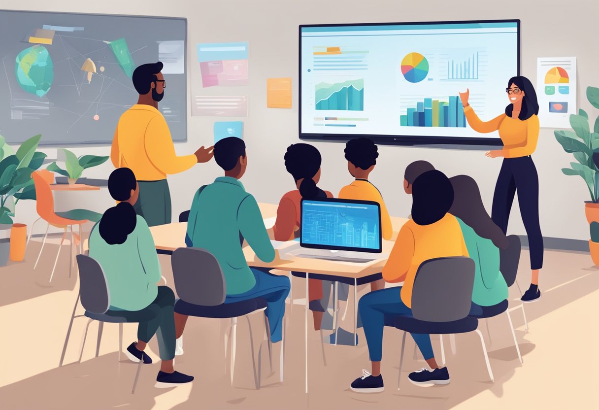 A group of diverse students engage with interactive digital screens, while a teacher facilitates a lively discussion in a modern classroom