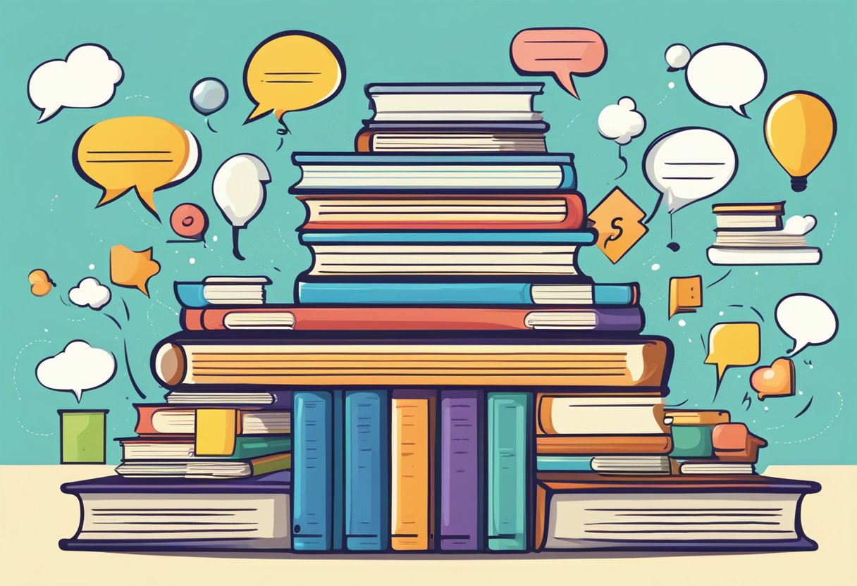 A stack of colorful books with a question mark hovering above them, surrounded by floating speech bubbles filled with various symbols and icons