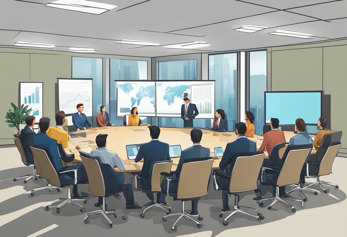 A group of professionals in a boardroom watching a presentation on a large screen