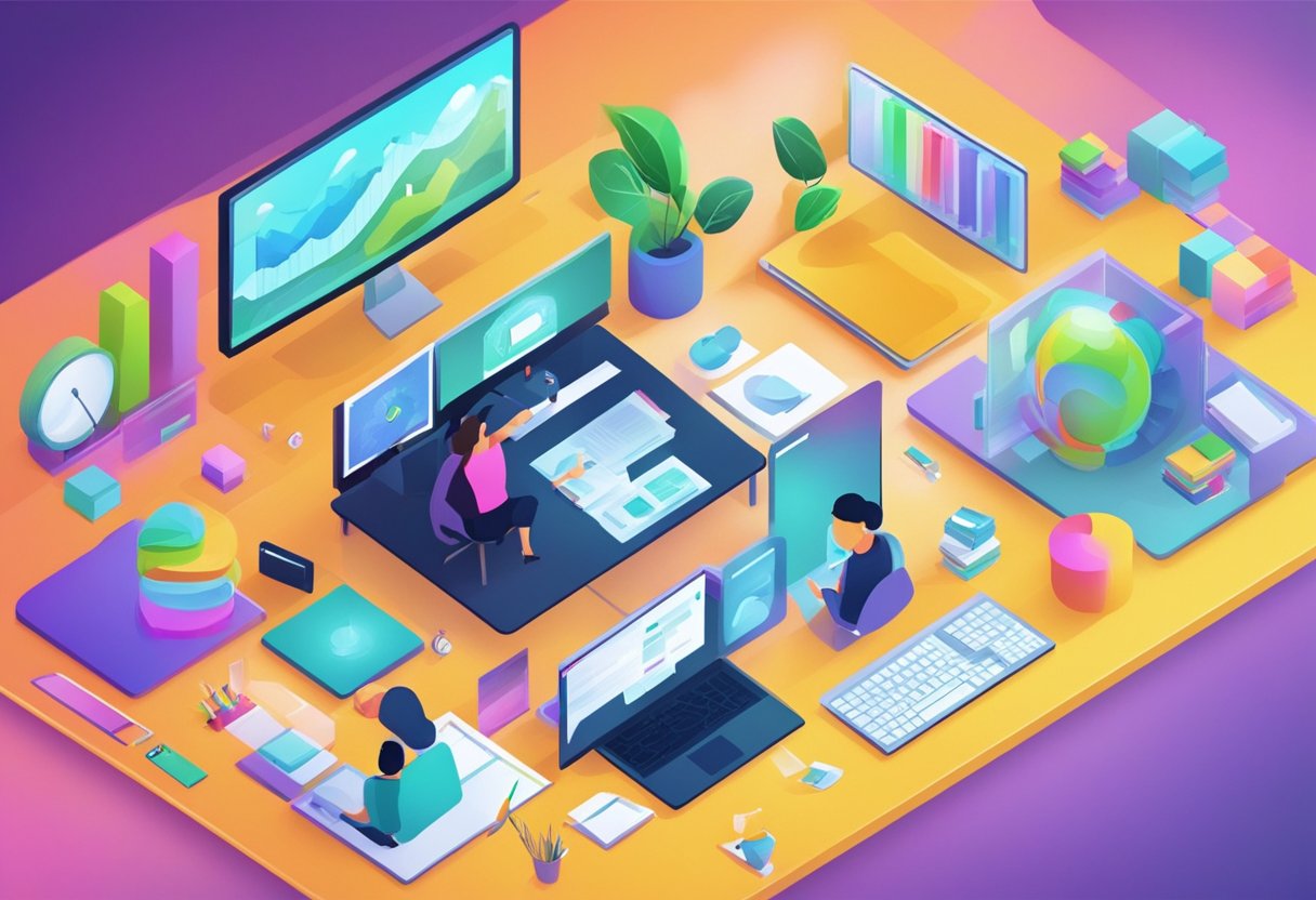 A dynamic, colorful animation of interactive graphics and engaging visuals demonstrating corporate educational concepts