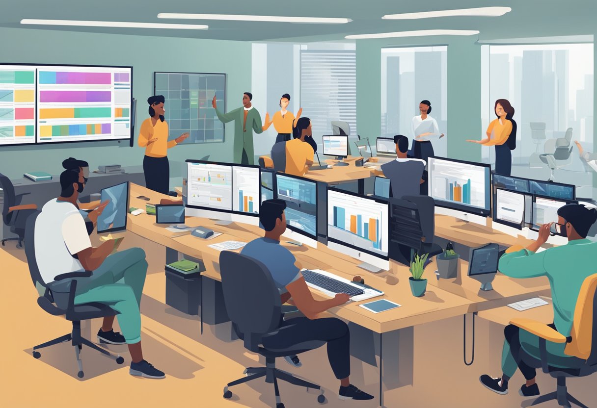 A bustling office with a video production team reviewing footage on multiple screens, discussing and gesturing animatedly