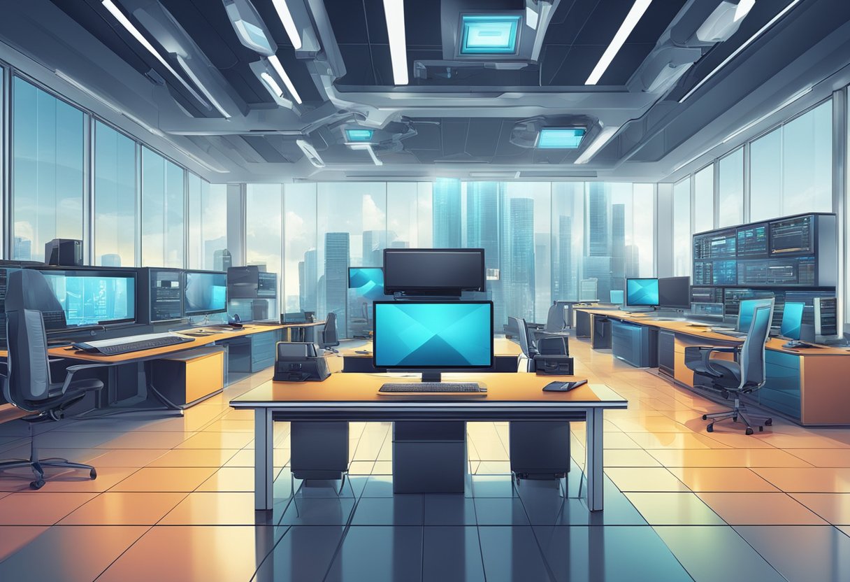 A futuristic corporate office with advanced video production equipment and technology