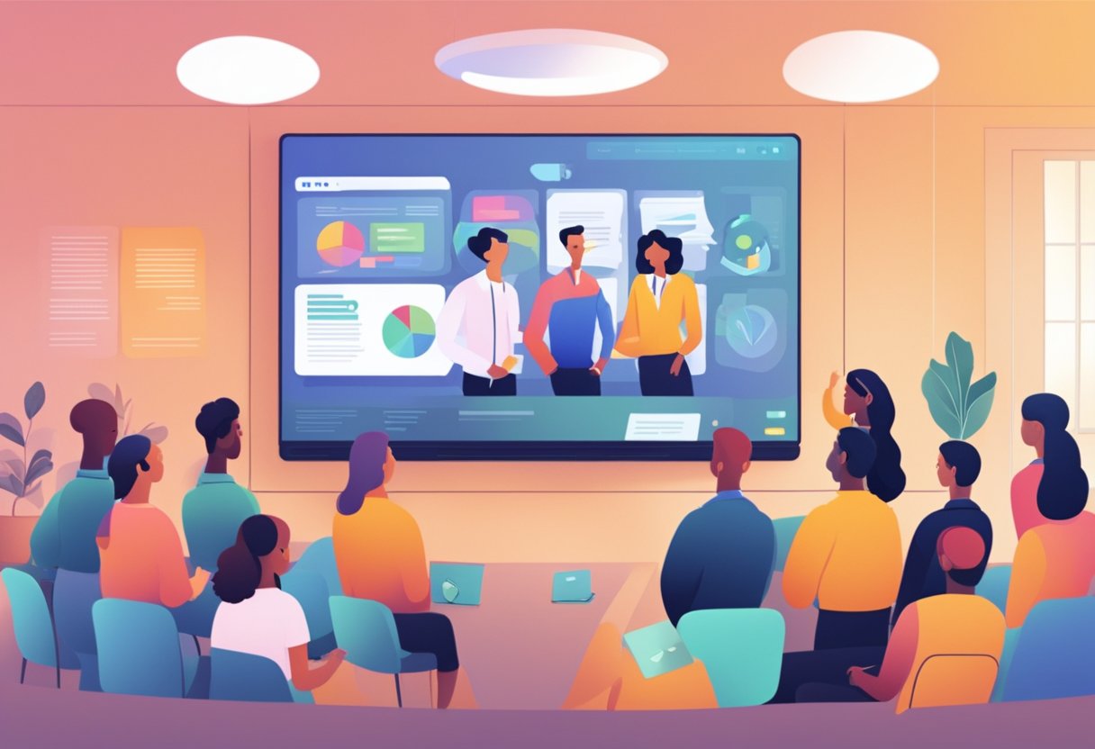 A group of people gathered around a screen, watching an animated video about corporate educational FAQs