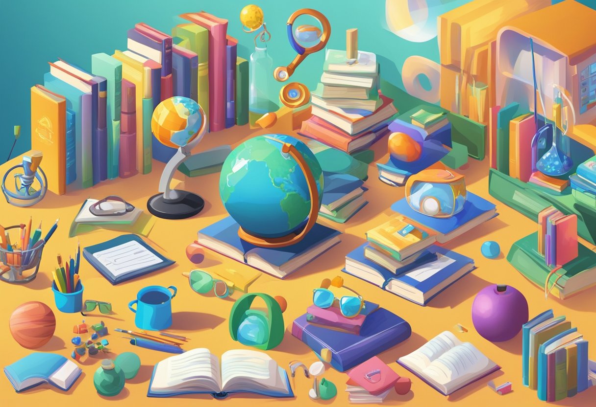 A diverse array of animated characters and objects representing various educational topics, such as books, science equipment, and mathematical symbols, come to life in a colorful and vibrant setting