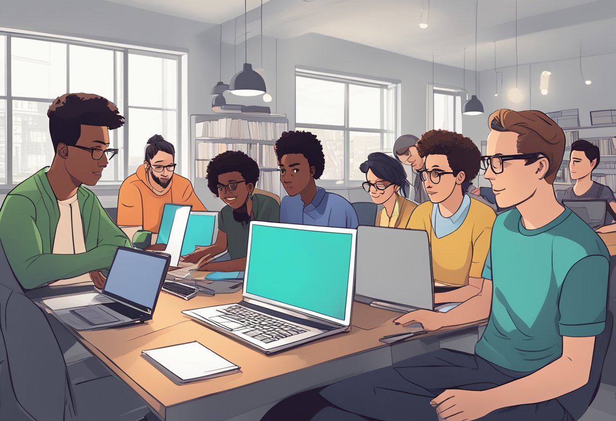 A group of professional educational animators in the UK collaborating on a project, surrounded by computers and drawing tablets