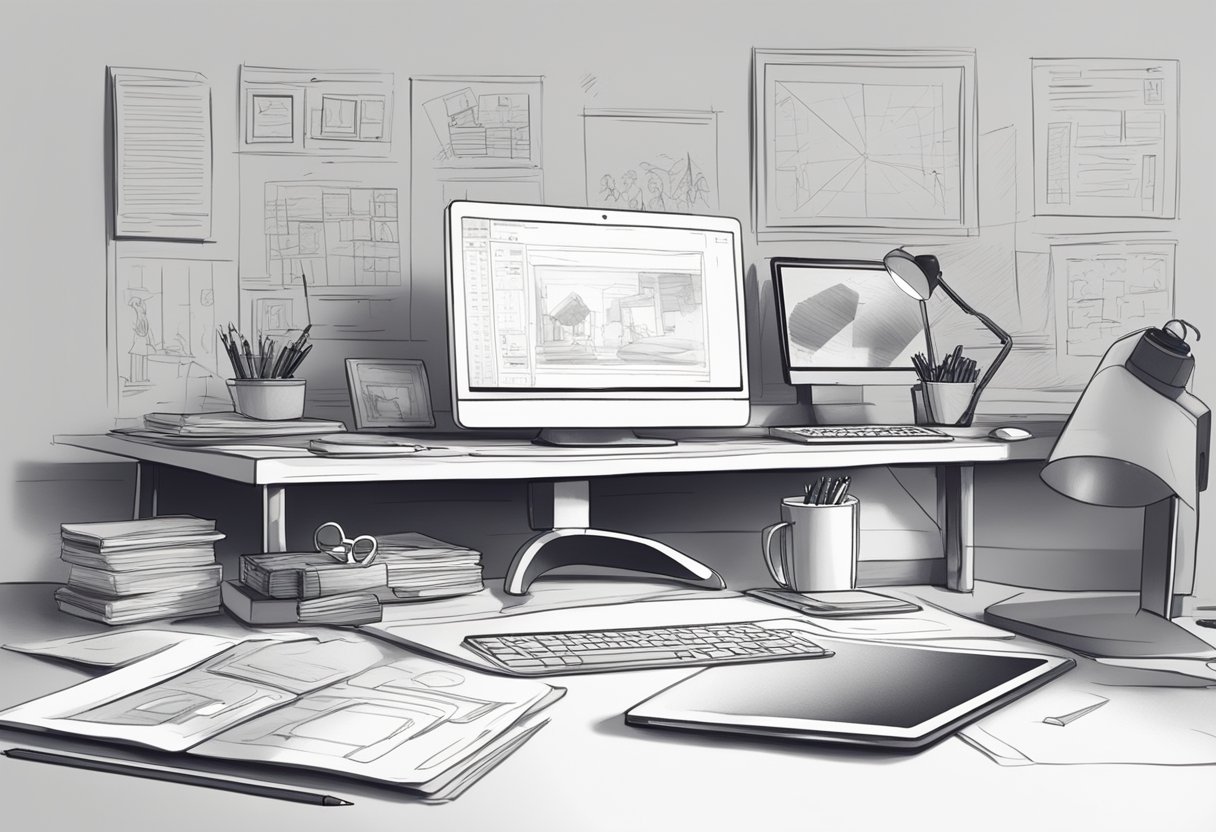 A desk with a computer, tablet, and animation software open. A storyboard and pencil sketches are scattered around. A studio light illuminates the workspace