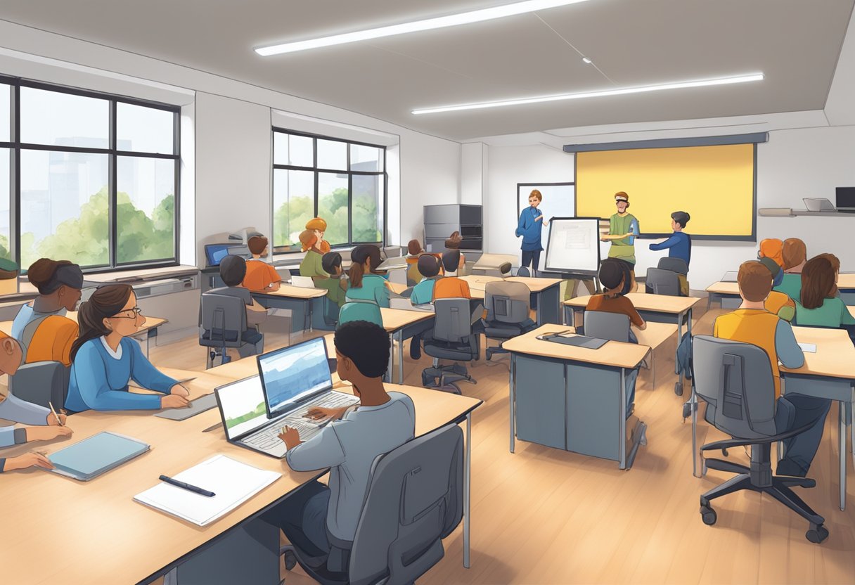 A classroom setting with professional animators in the UK, engaged in an educational session, with drawing tablets and animation software visible