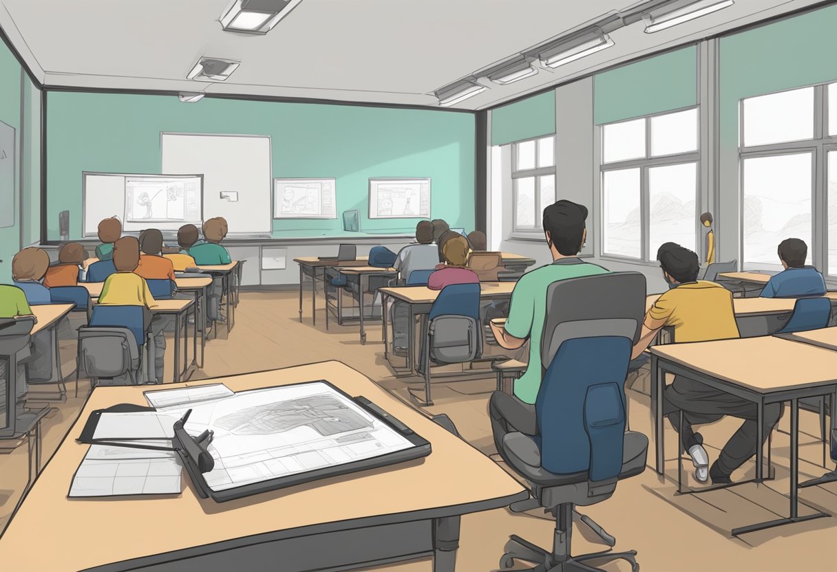 A classroom setting with a professional animator demonstrating 2D and 3D animation techniques using a digital drawing tablet and computer software