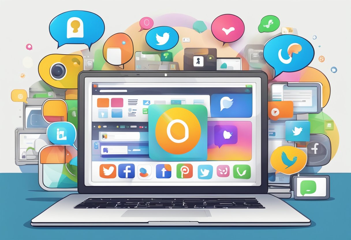 A laptop with various social media icons and a website displayed, surrounded by colorful speech bubbles and animation tools