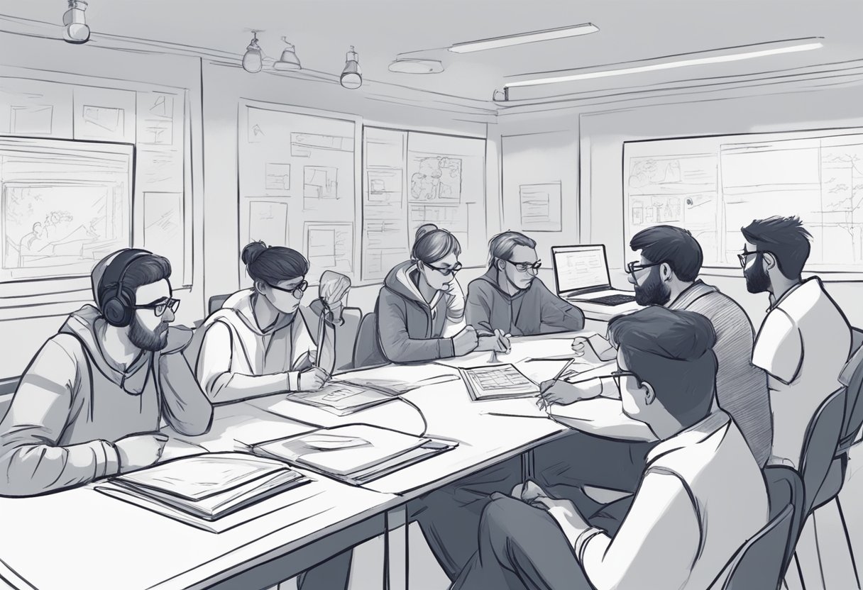 A group of professional educational animators in the UK brainstorming and sketching out ideas for new animation concepts