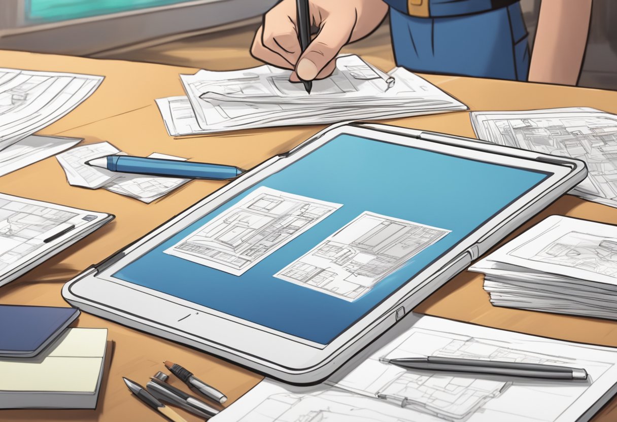 A stack of animated character designs and storyboards displayed on a digital tablet, with a stylus nearby