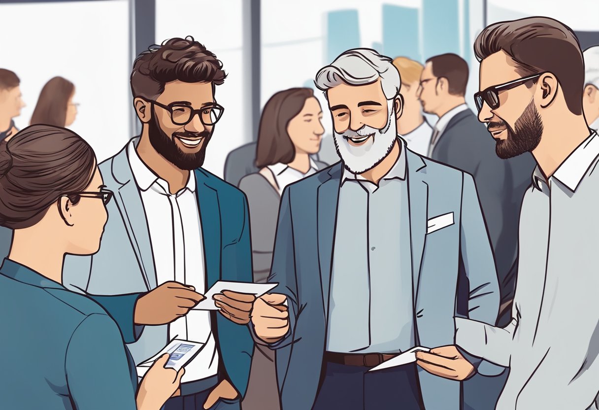 A group of professional educational animators in the UK networking at a conference, exchanging business cards and discussing their latest projects