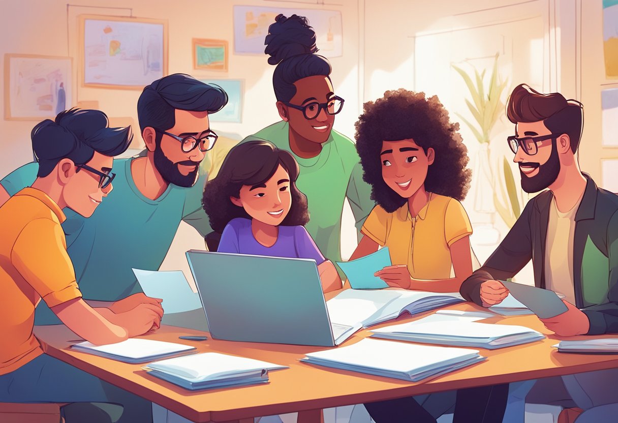 A group of animated characters gather around a portfolio, exchanging ideas and feedback in a vibrant and creative atmosphere
