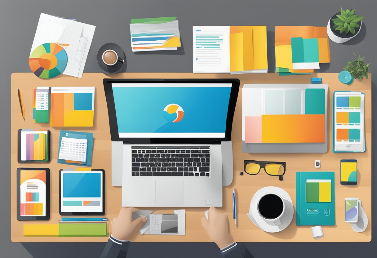 A colorful array of marketing materials, including brochures, social media graphics, and promotional merchandise, displayed on a sleek, modern desk