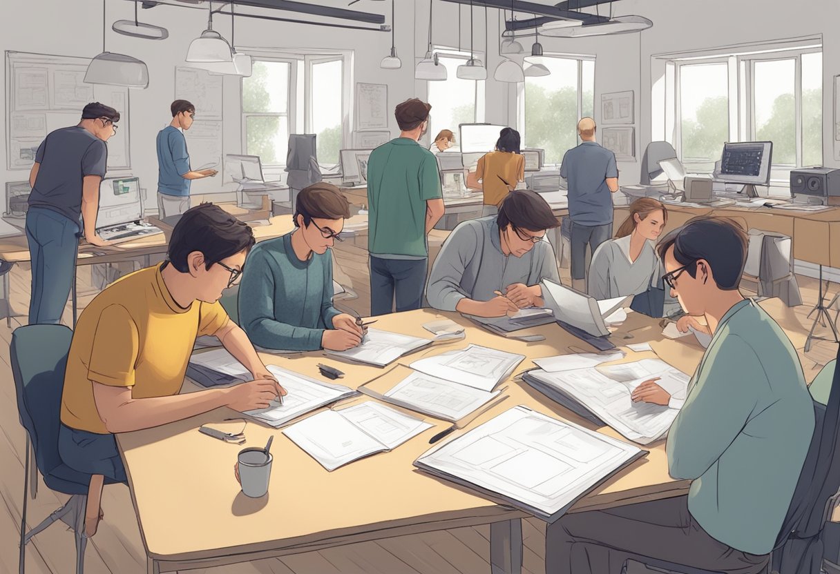 A group of professional animators in the UK are engaged in skill development exercises, working on their craft in a studio setting