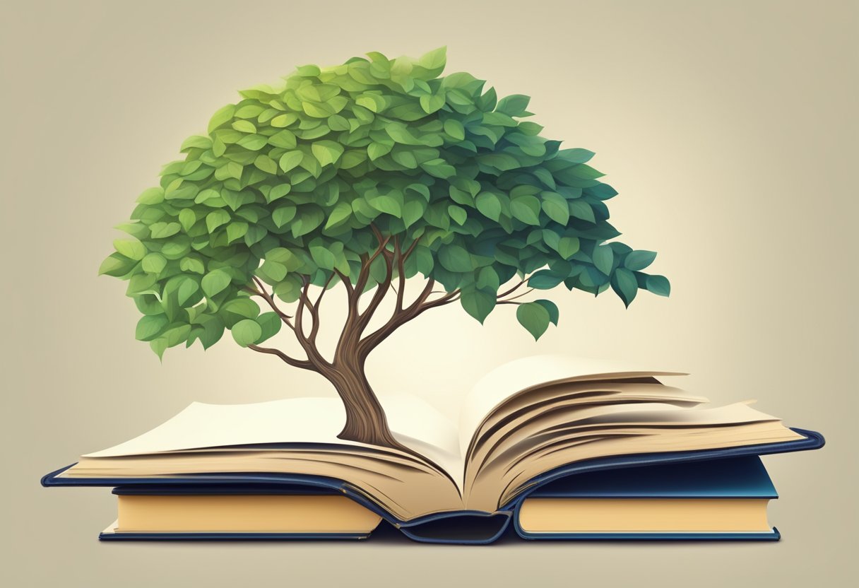 A stack of books and a growing tree with branches reaching out, symbolizing continual learning and development