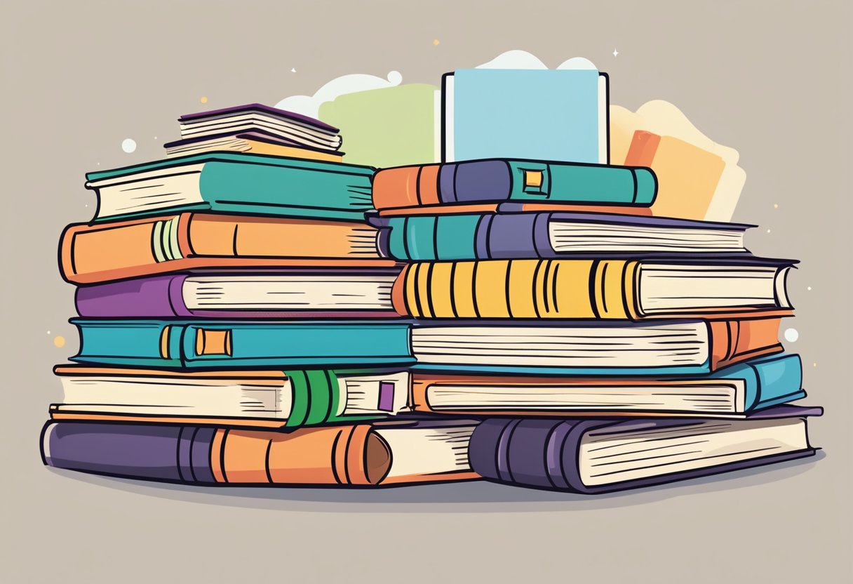 A stack of colorful books with a speech bubble above, surrounded by question marks and exclamation points