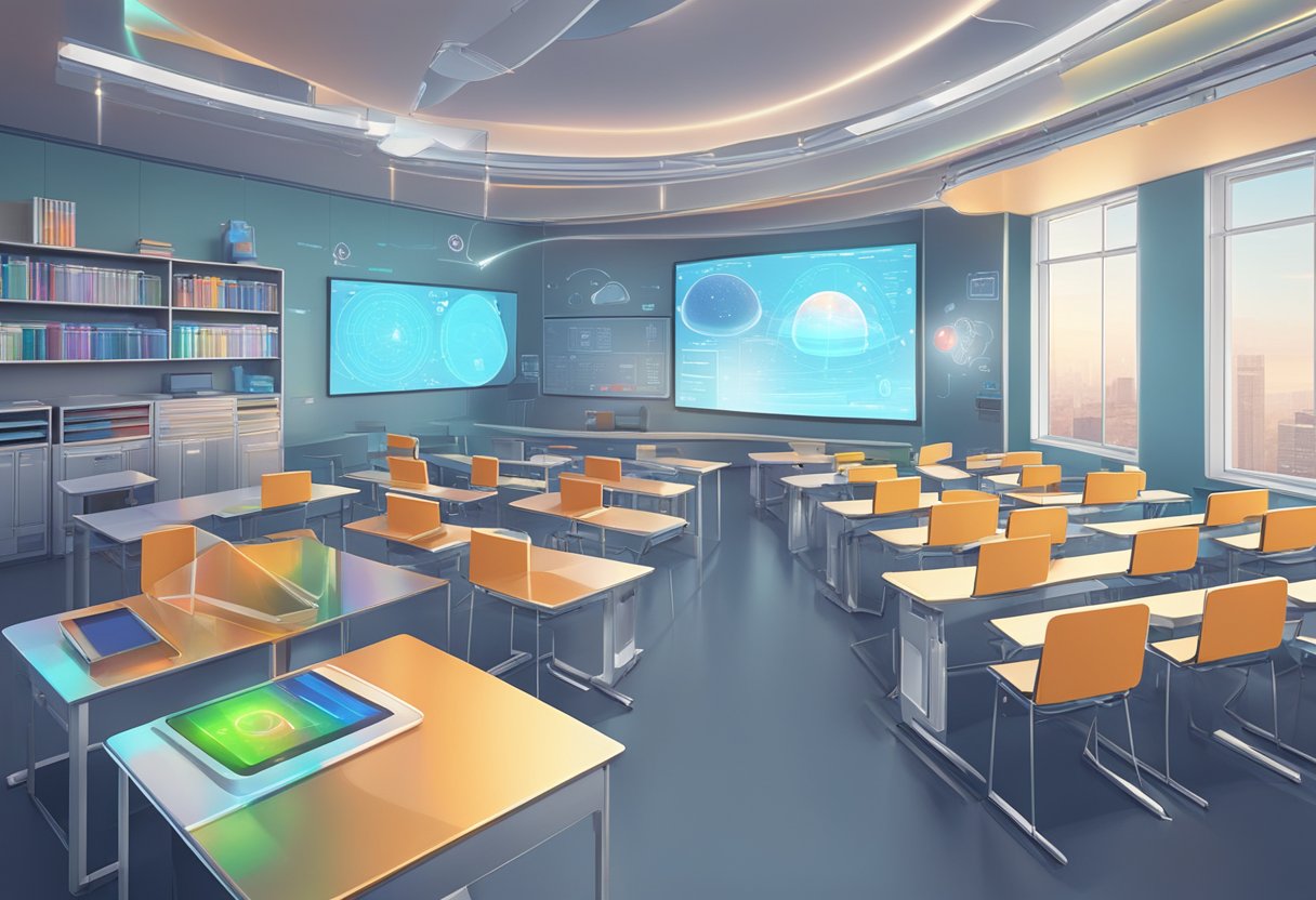 A futuristic classroom setting with animated holographic displays and interactive digital tools