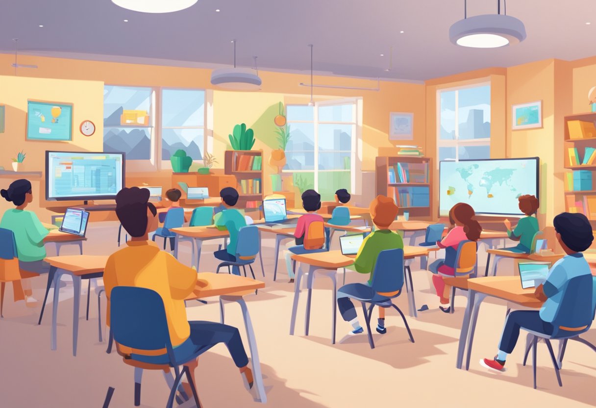 A classroom filled with animated digital tools and characters interacting with educational content